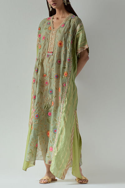 Green floral printed embroidered kaftan