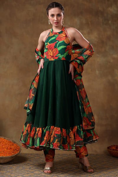Green floral printed frilled anarkali set