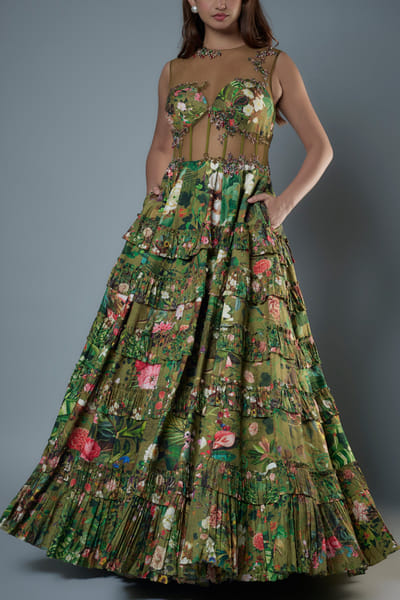 Green floral printed gown