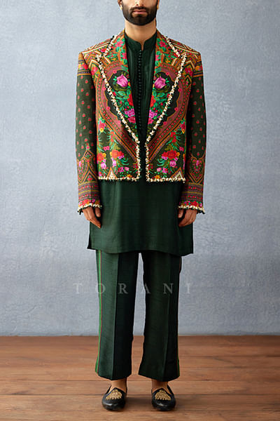 Green floral printed jacket and kurta set