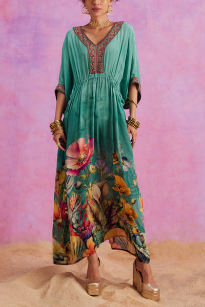 Kalista Green floral printed kaftan dress KTAMAY24D210