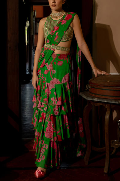 Green floral printed layered sari set