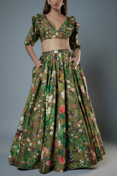 Green floral printed lehenga set