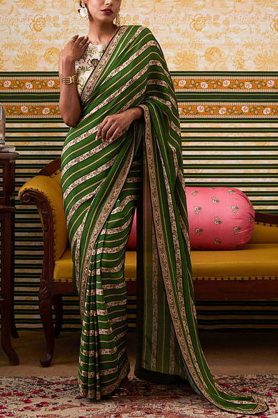 Green floral printed pre-draped sari set