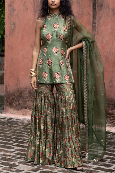 Green floral printed sharara set