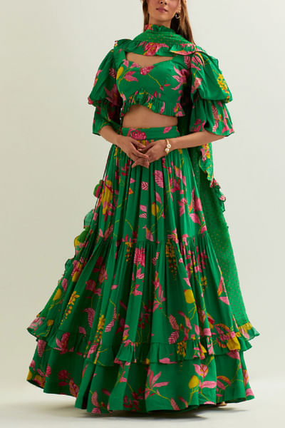 Green floral printed tiered lehenga set