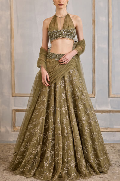 Green floral sequin embroidered lehenga set