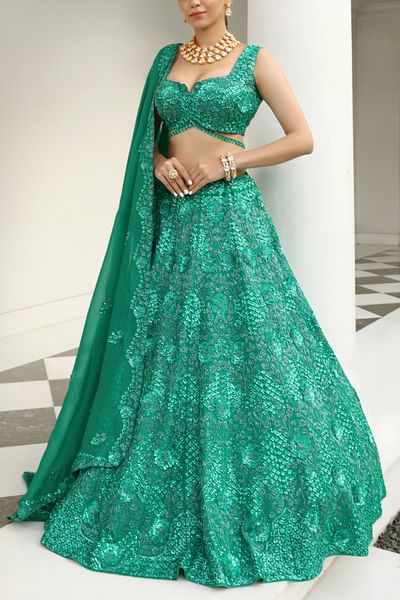 Green floral sequin embroidered lehenga set