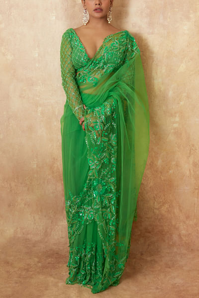Green floral sequin embroidered sari set