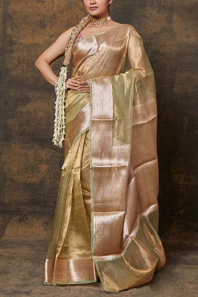 Green floral woven banarasi tissue sari set