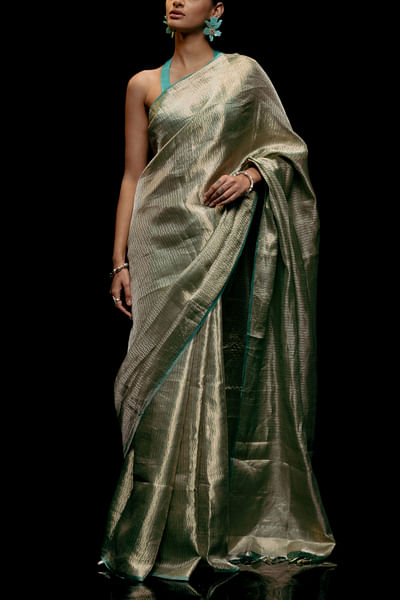 Green geometric banarasi kadhwa sari set