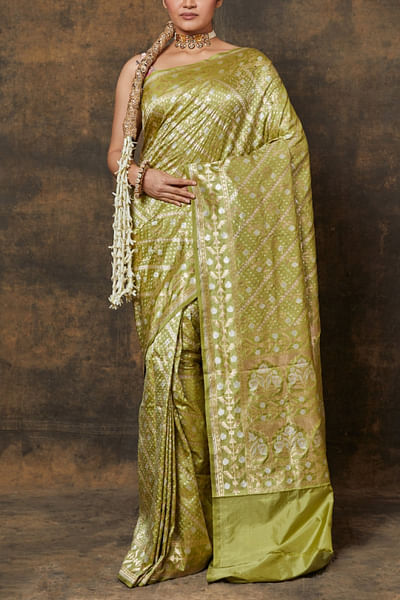 Green geometric woven banarasi sari set