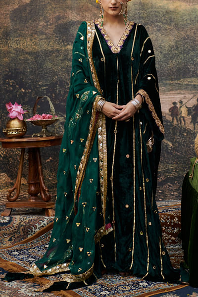 Green gota and mirror embroidered kaftan