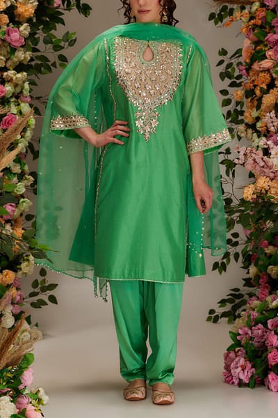 Green gota and sequin embellished kurta set
