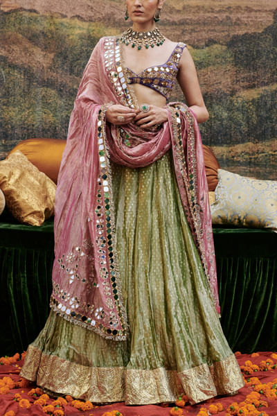 Green gota work lehenga set