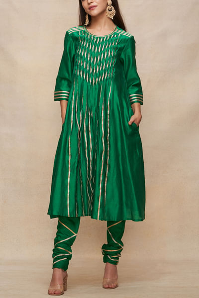 Green gota work pleated flared kurta