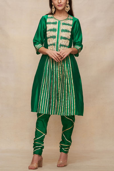 Green gota work pleated gathered kurta