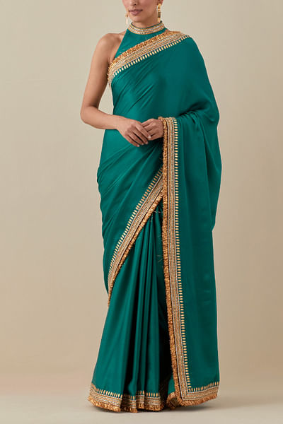 Green hand embroidered sari set