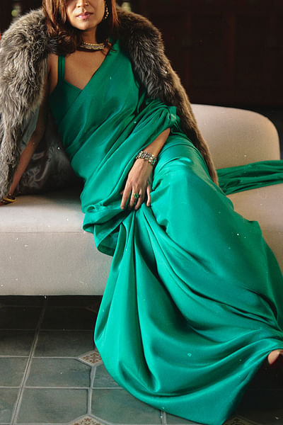 Green handwoven silk sari set
