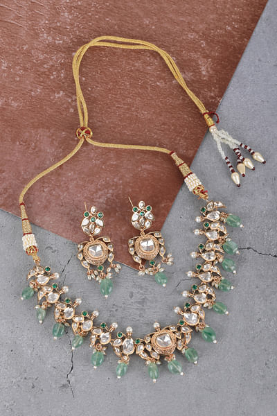 Green kundan and jade necklace set