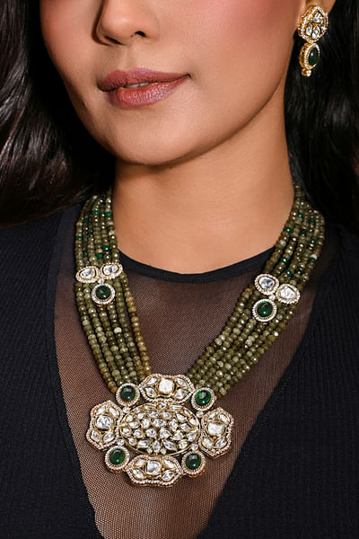 Green kundan polki and bead necklace set