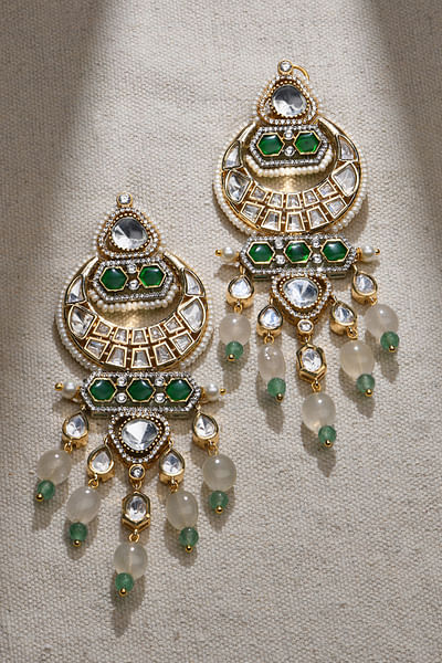 Green kundan polki and pearl chandbalis