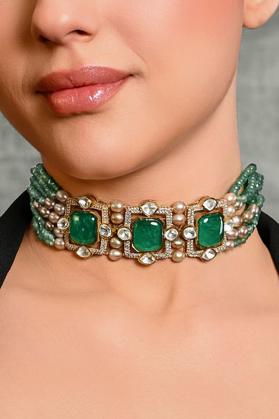 Green kundan polki and pearl layered choker