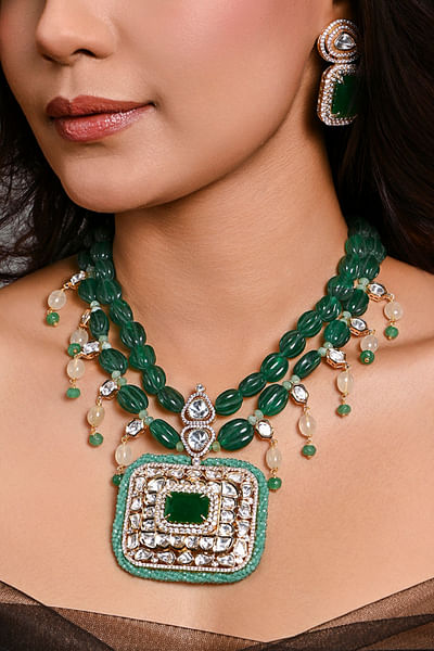 Green kundan polki beaded necklace set