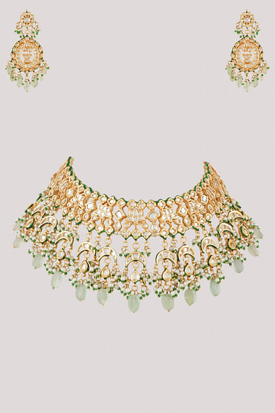 Green kundan polki embellished necklace set