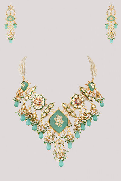 Green kundan polki gold-plated necklace set