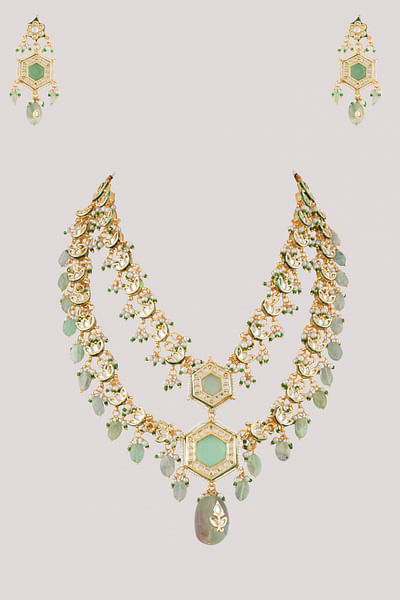 Green kundan polki long necklace set