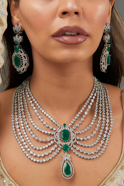 Green layered faux diamond long necklace set