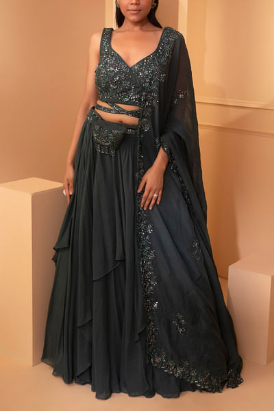 Green layered lehenga set