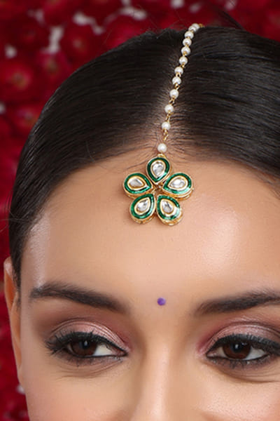 Green meenakari polki maang tikka