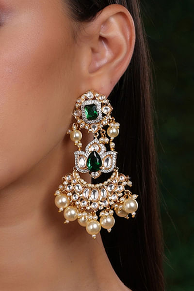 Gold kundan pearl and stone danglers