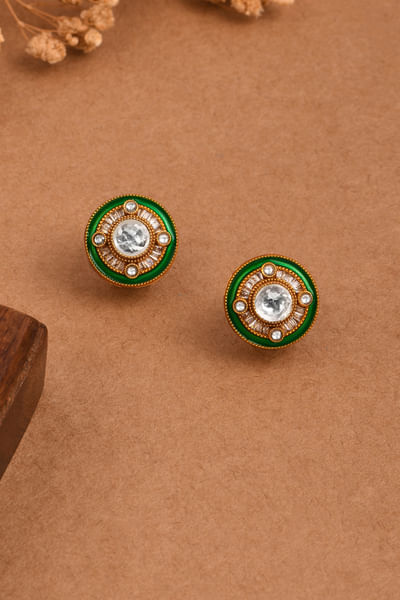 Green meenakari polki studs