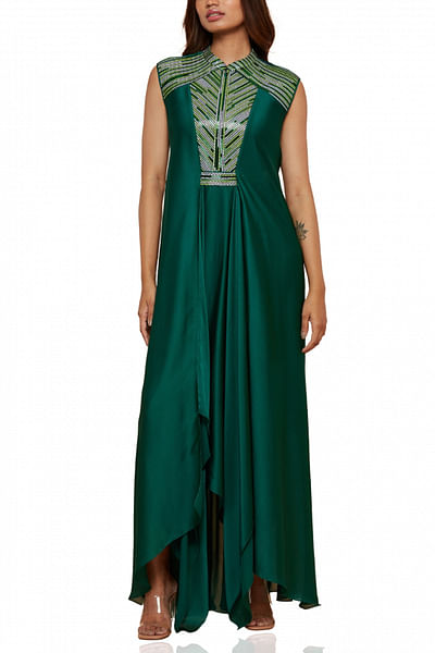 Green metallic detail draped dress