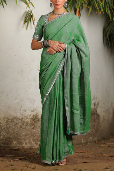 Green metallic sequin embroidered sari set
