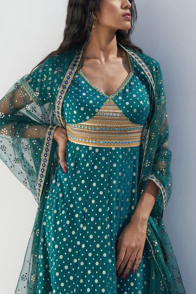 Green mirror and badla embroidery dupatta