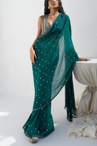 Green mirror and badla embroidery sari