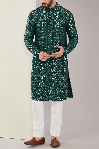 Green mirror embroidered kurta