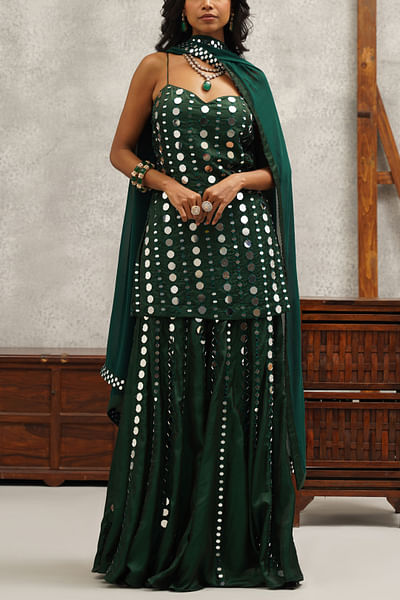Green mirror embroidered sharara set