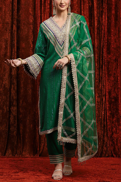 Green mirror embroidery kurta set