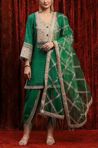 Green mirror embroidery short kurta set