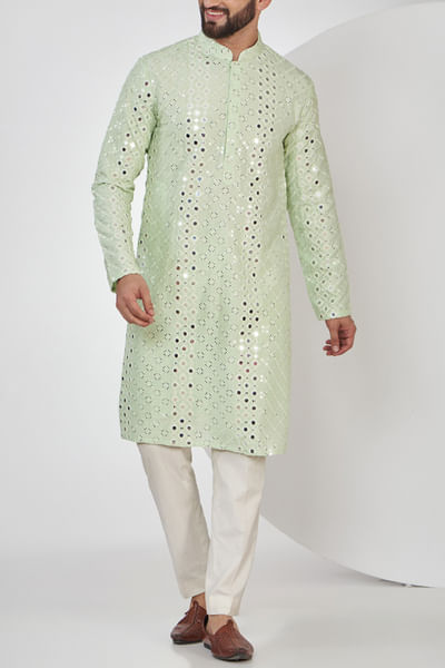 Green mirror work embellished kurta