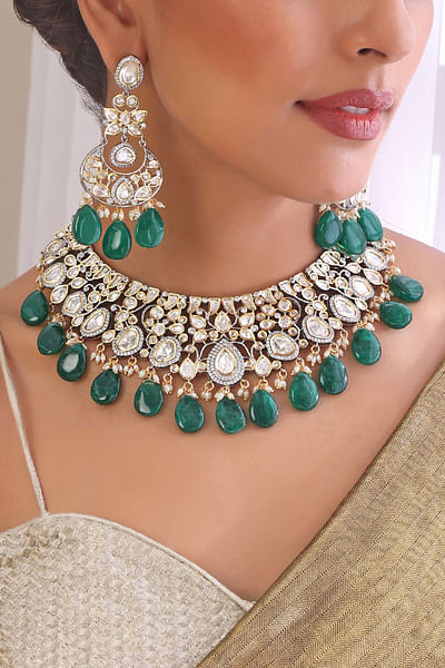 Green moissanite polki and bead necklace set