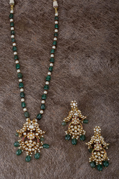 Green moissanite polki long necklace set