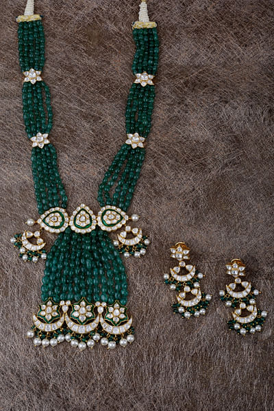 Green moissanite polki stone long necklace set