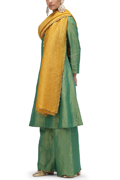 Green munga silk woven kurta set