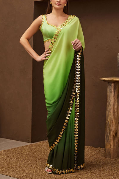 Green ombre 3D detail pre-stitched sari set